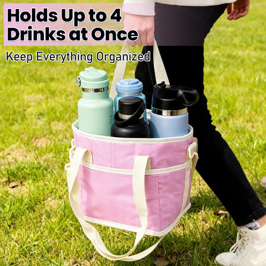 4 Cups Drink Carrier Bag,Family-Size Multiple Drink Holder Bag | with Adjustable Strap & Front Pocket,Spill-Resistant for Car Storage,Coffee Delivery,Travel & Outings (Pink)