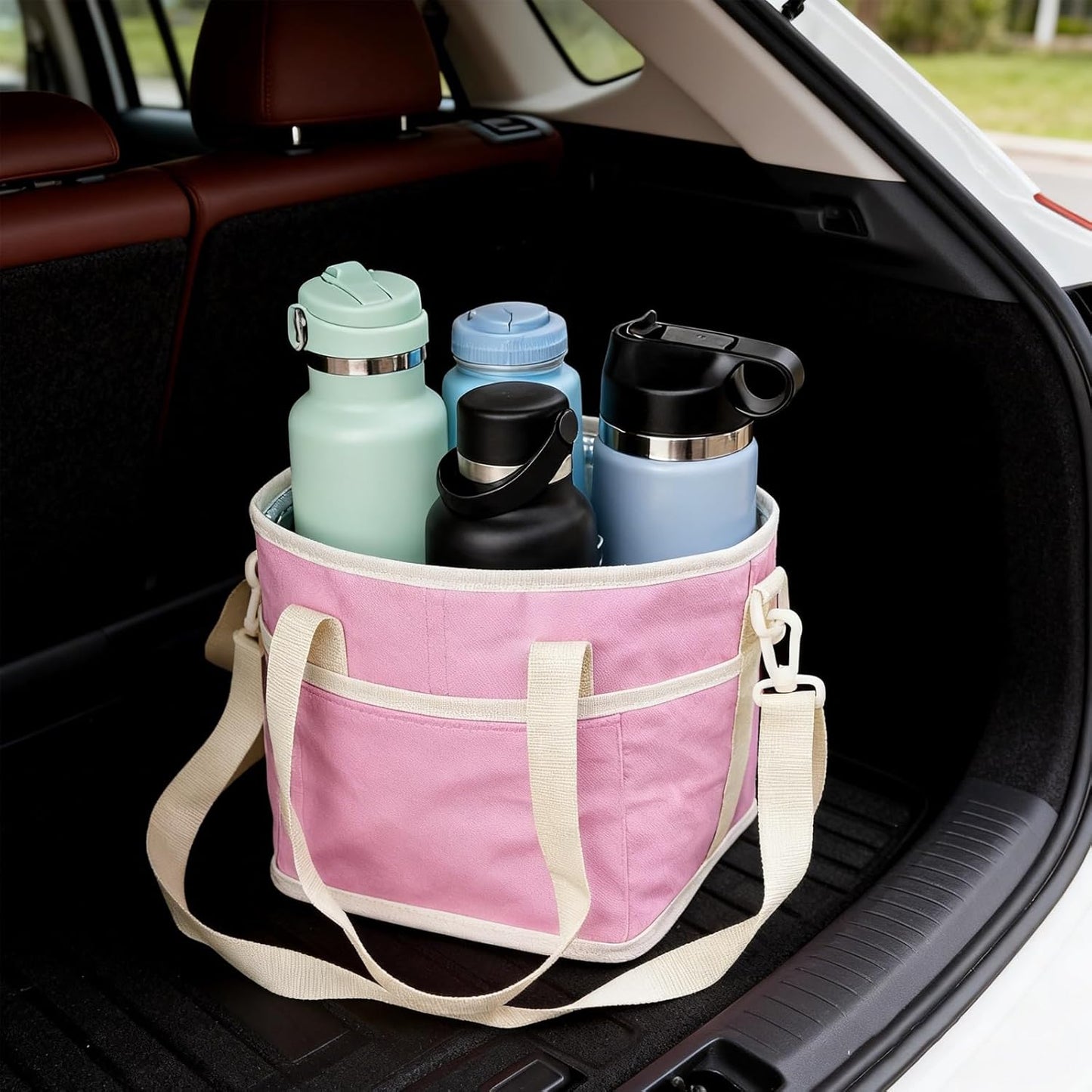 4 Cups Drink Carrier Bag,Family-Size Multiple Drink Holder Bag | with Adjustable Strap & Front Pocket,Spill-Resistant for Car Storage,Coffee Delivery,Travel & Outings (Pink)