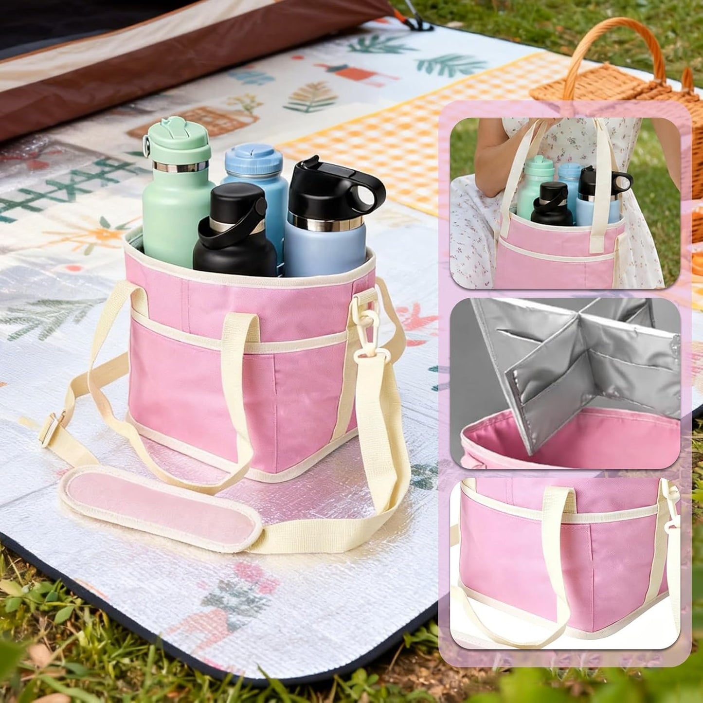 4 Cups Drink Carrier Bag,Family-Size Multiple Drink Holder Bag | with Adjustable Strap & Front Pocket,Spill-Resistant for Car Storage,Coffee Delivery,Travel & Outings (Pink)