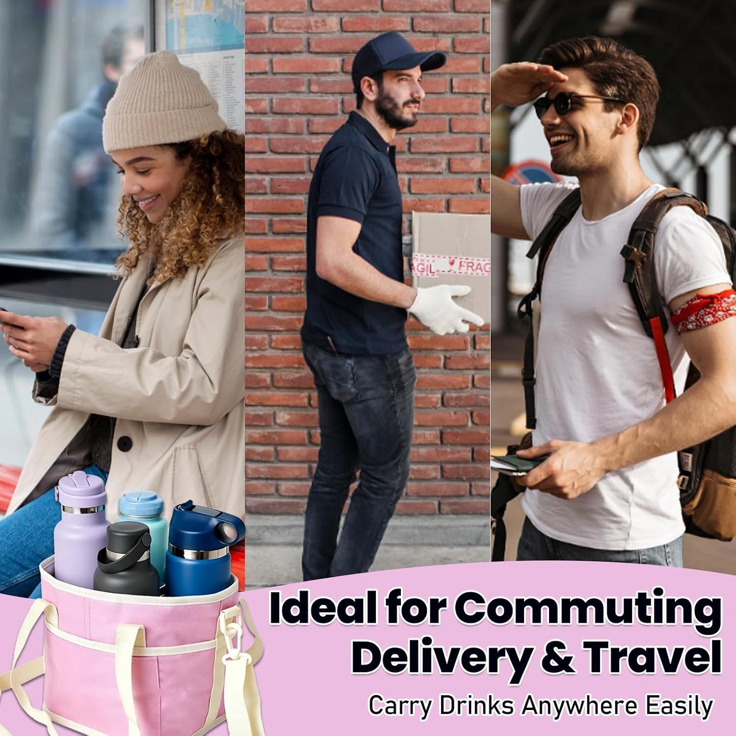 4 Cups Drink Carrier Bag,Family-Size Multiple Drink Holder Bag | with Adjustable Strap & Front Pocket,Spill-Resistant for Car Storage,Coffee Delivery,Travel & Outings (Pink)