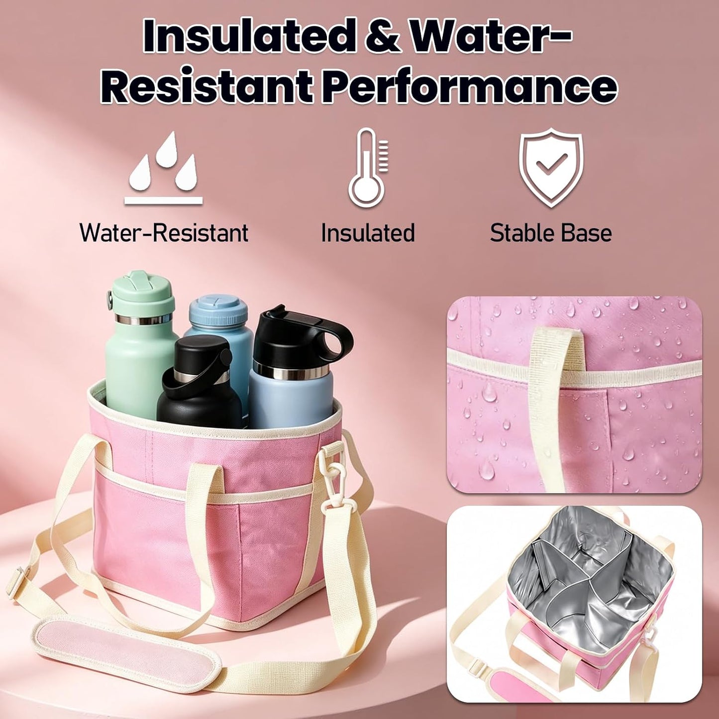 4 Cups Drink Carrier Bag,Family-Size Multiple Drink Holder Bag | with Adjustable Strap & Front Pocket,Spill-Resistant for Car Storage,Coffee Delivery,Travel & Outings (Pink)