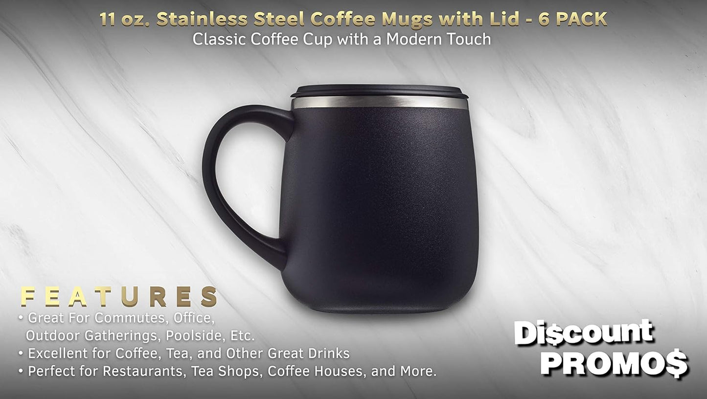 Personalized 11 oz. Stainless Steel Coffee Mugs with Lid - 12 pack Custom Text, Logo - Black