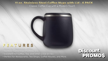 Personalized 11 oz. Stainless Steel Coffee Mugs with Lid - 12 pack Custom Text, Logo - Black