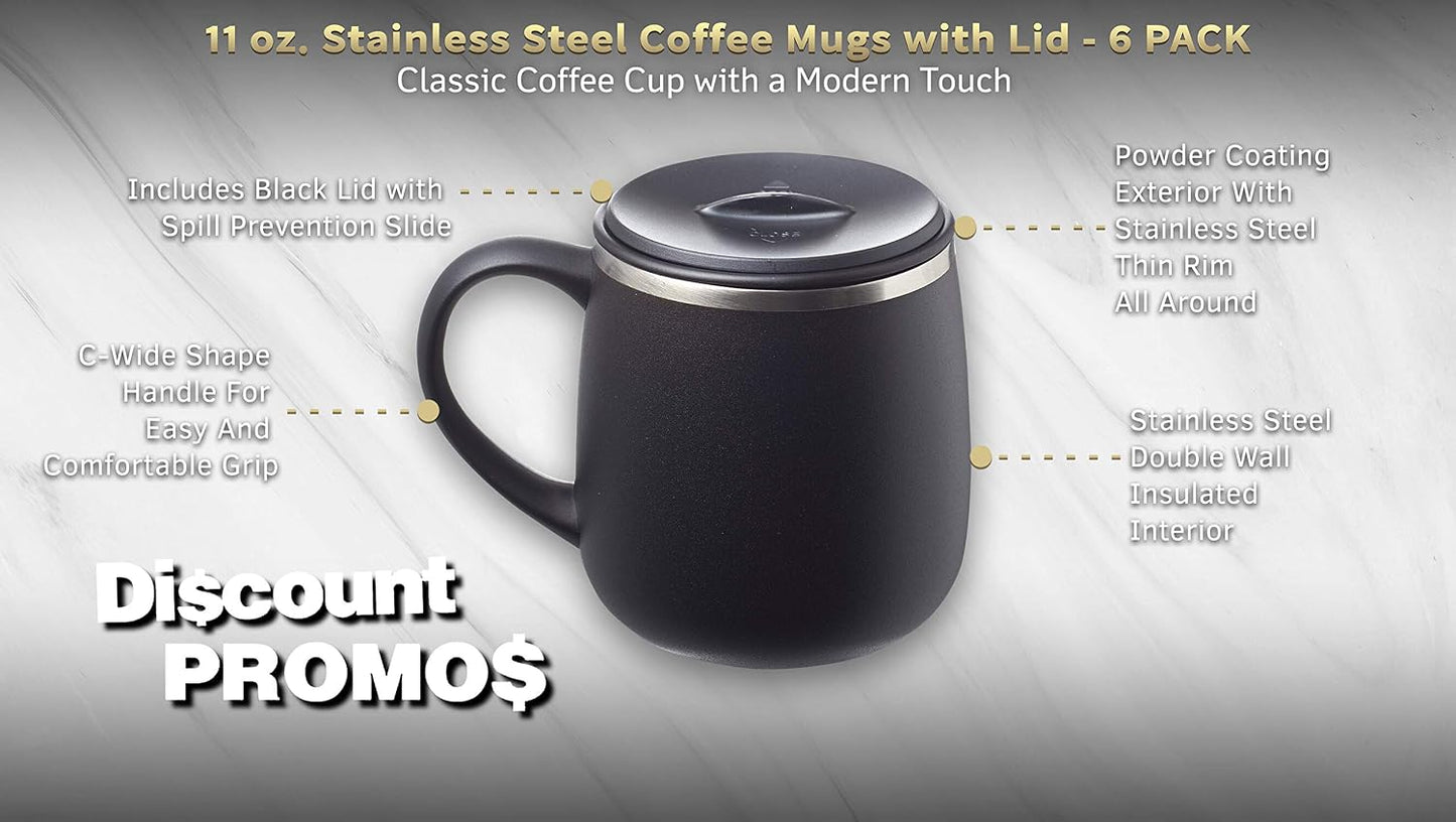 Personalized 11 oz. Stainless Steel Coffee Mugs with Lid - 12 pack Custom Text, Logo - Black
