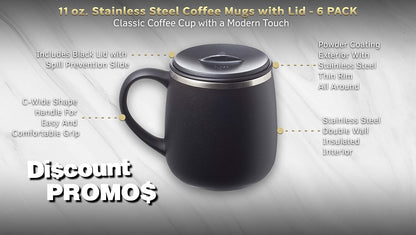 Personalized 11 oz. Stainless Steel Coffee Mugs with Lid - 12 pack Custom Text, Logo - Black