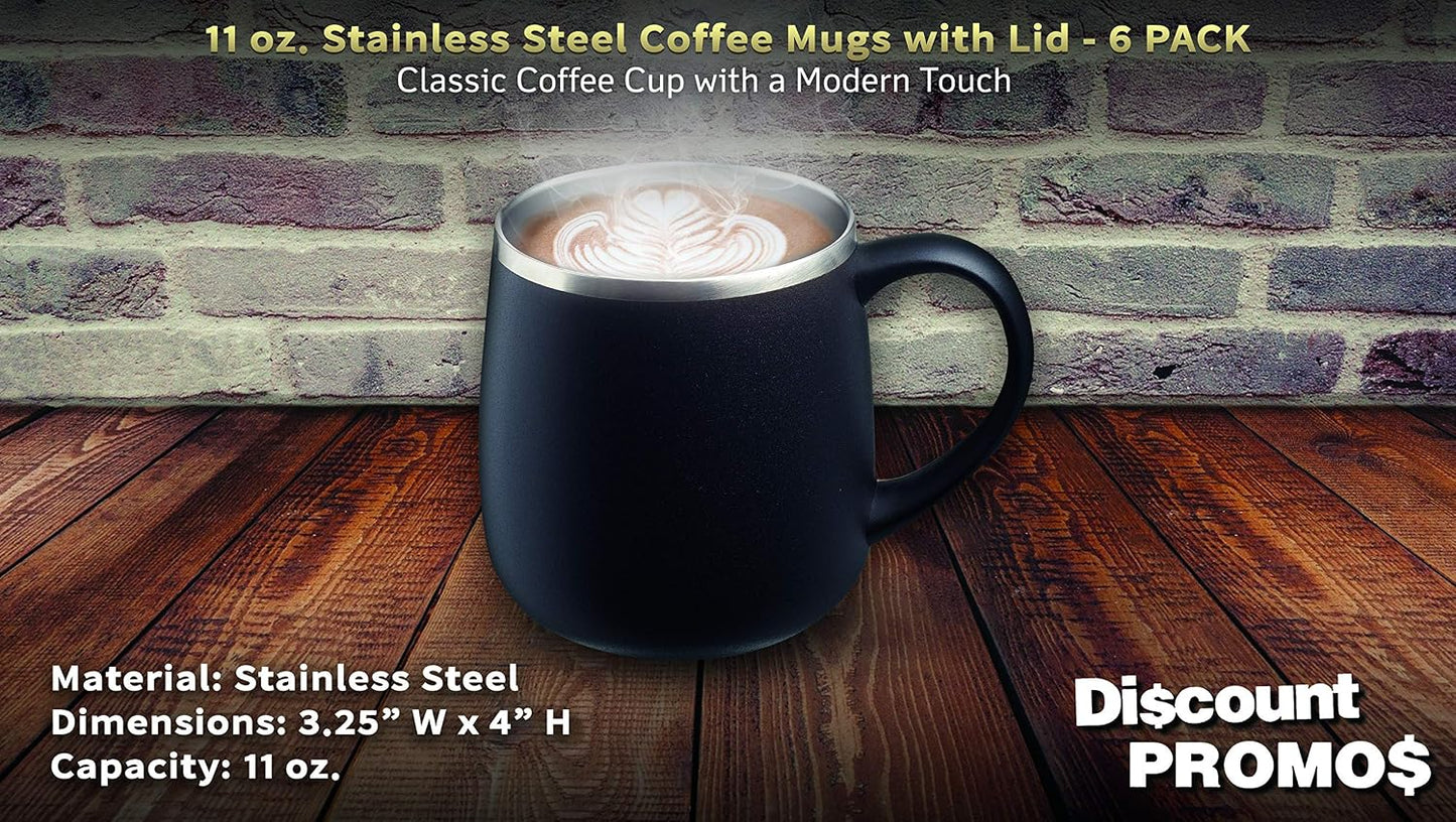 Personalized 11 oz. Stainless Steel Coffee Mugs with Lid - 12 pack Custom Text, Logo - Black