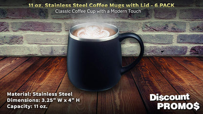 Personalized 11 oz. Stainless Steel Coffee Mugs with Lid - 12 pack Custom Text, Logo - Black