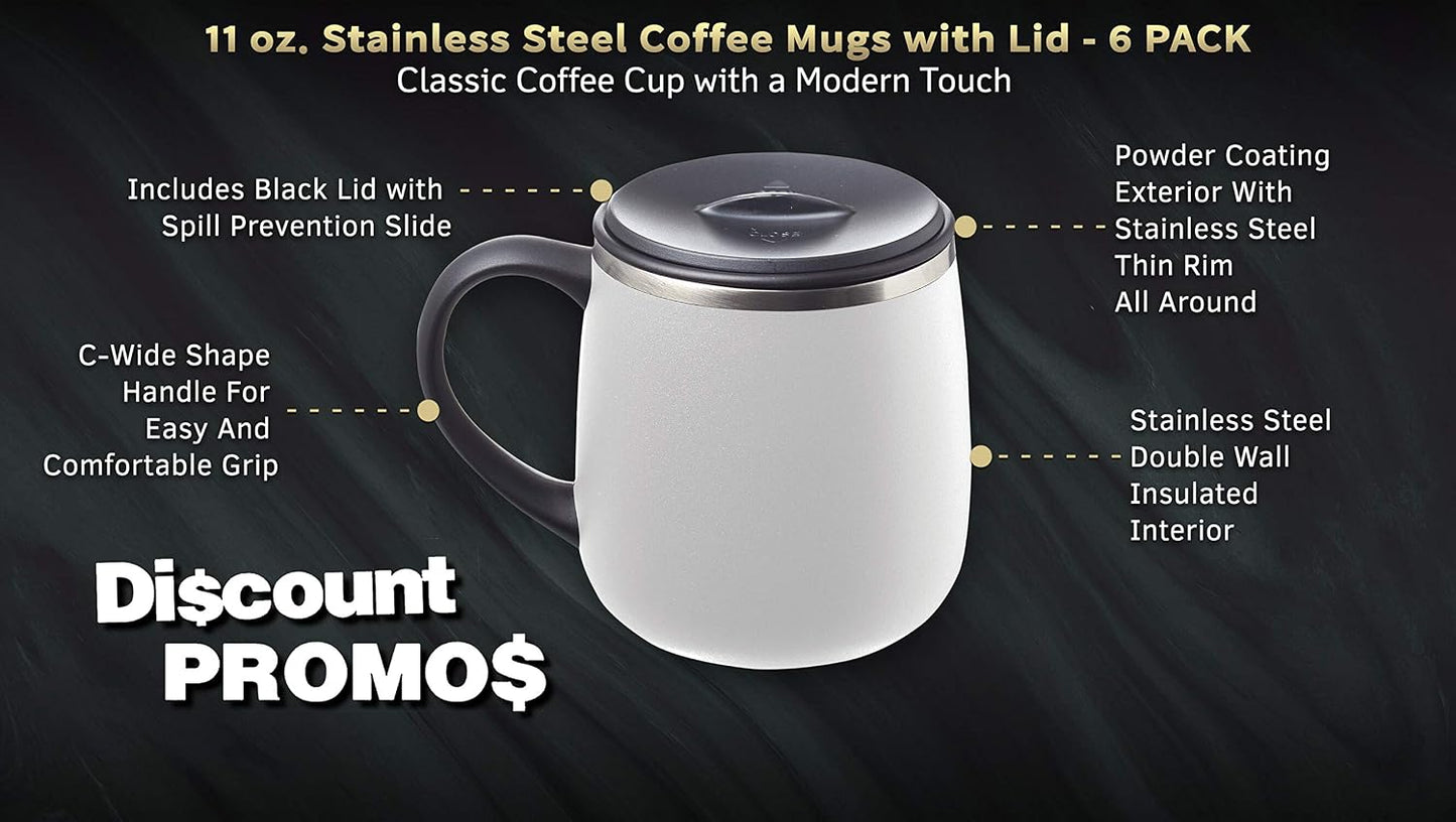 Personalized 11 oz. Stainless Steel Coffee Mugs with Lid - 12 pack Custom Text, Logo - Black