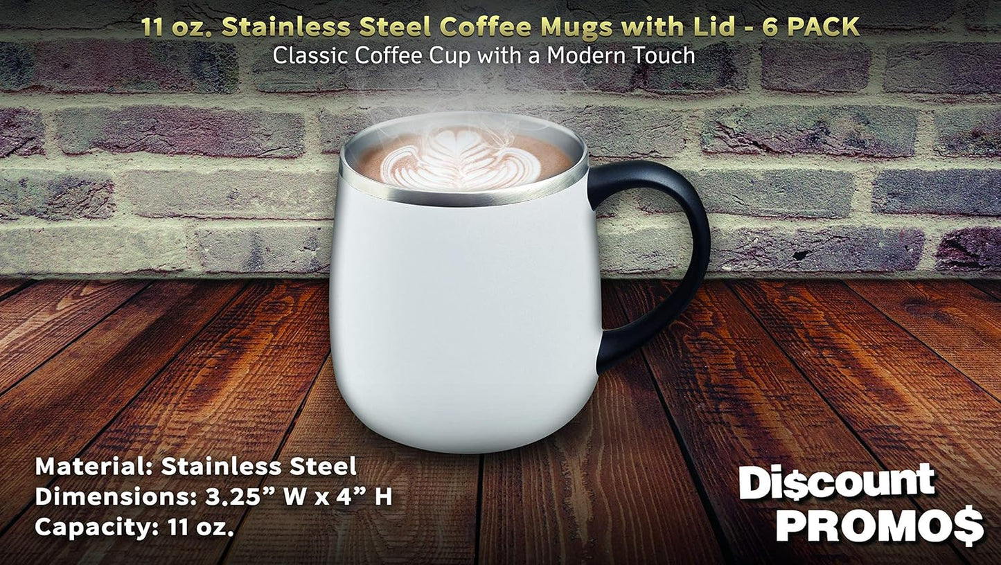 Personalized 11 oz. Stainless Steel Coffee Mugs with Lid - 12 pack Custom Text, Logo - Black