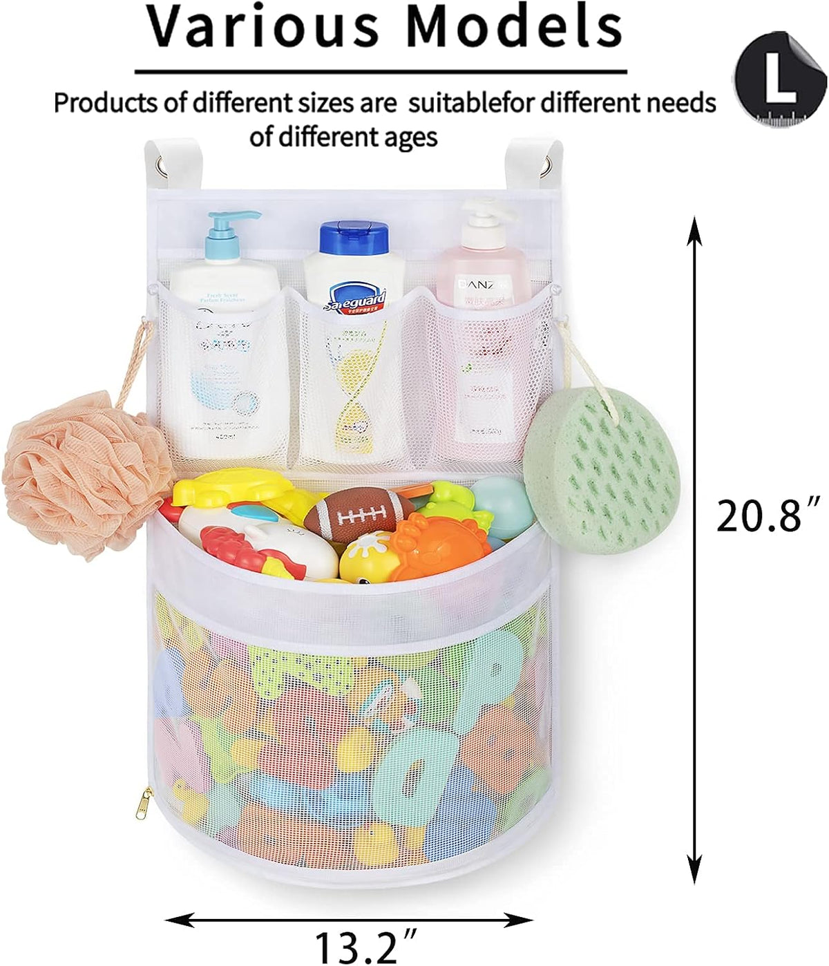 Baby Bath Toy Organizer, quick drying， and mould proof, Multiple-Suspension Bath Toy Holder, Large Capacity Multi Use Bathtub Toy Storage Bag（1 Large, White）