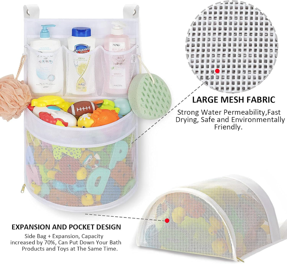 Baby Bath Toy Organizer, quick drying， and mould proof, Multiple-Suspension Bath Toy Holder, Large Capacity Multi Use Bathtub Toy Storage Bag（1 Large, White）