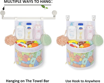 Baby Bath Toy Organizer, quick drying， and mould proof, Multiple-Suspension Bath Toy Holder, Large Capacity Multi Use Bathtub Toy Storage Bag（1 Large, White）