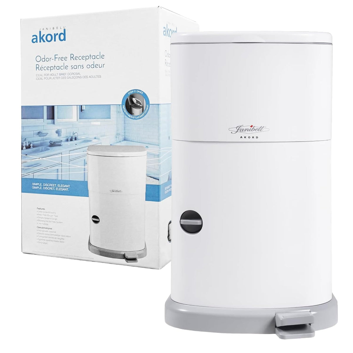 Akord Slim Adult Diaper Pail — 7-Gallon (11.8” x 10.2” x 20.5”), Hands-Free Foot Pedal, Double-Sealed Odor Reduction, Continuous Liner System