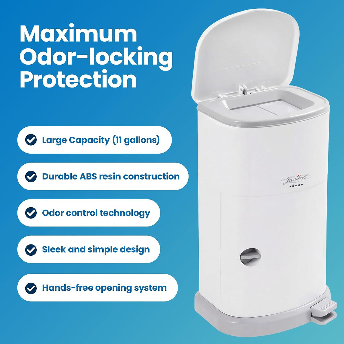 Akord Slim Adult Diaper Pail — 7-Gallon (11.8” x 10.2” x 20.5”), Hands-Free Foot Pedal, Double-Sealed Odor Reduction, Continuous Liner System