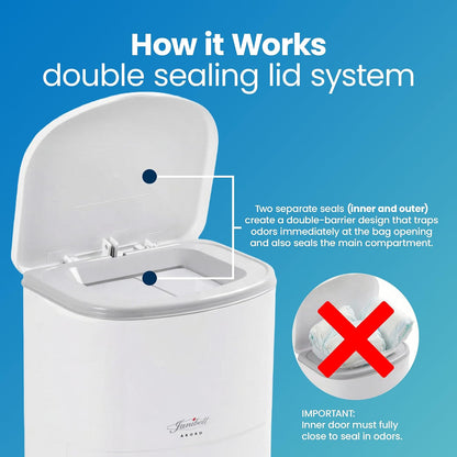 Akord Slim Adult Diaper Pail — 7-Gallon (11.8” x 10.2” x 20.5”), Hands-Free Foot Pedal, Double-Sealed Odor Reduction, Continuous Liner System