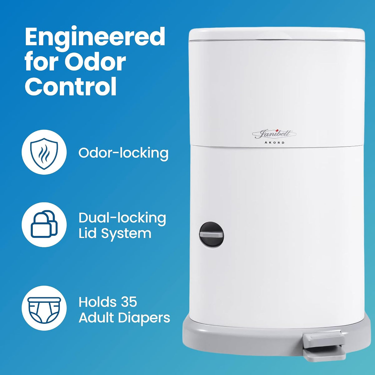 Akord Slim Adult Diaper Pail — 7-Gallon (11.8” x 10.2” x 20.5”), Hands-Free Foot Pedal, Double-Sealed Odor Reduction, Continuous Liner System