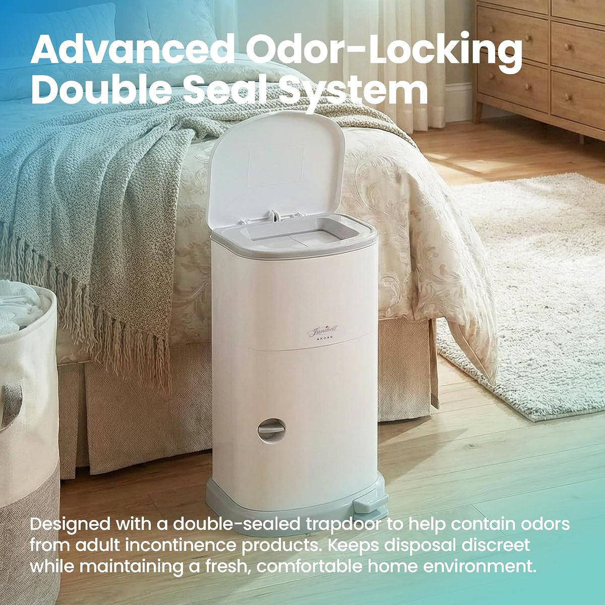 Akord Slim Adult Diaper Pail — 7-Gallon (11.8” x 10.2” x 20.5”), Hands-Free Foot Pedal, Double-Sealed Odor Reduction, Continuous Liner System