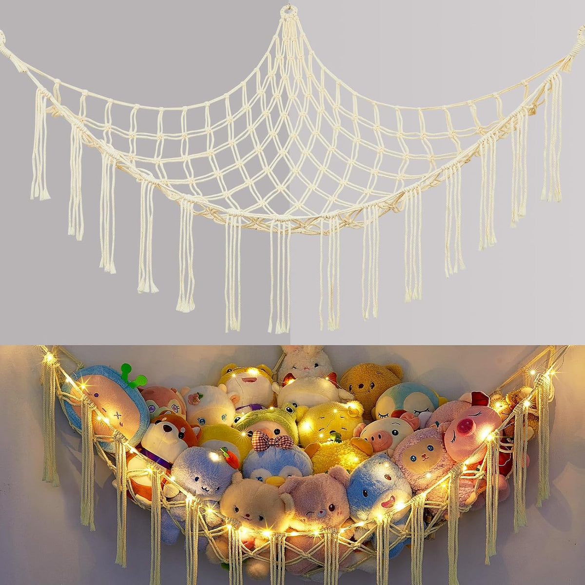 Stuffed Animals Hammock with LED Light Corner Net, Girls Room Decor