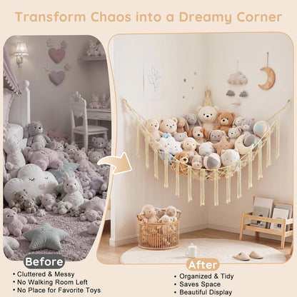 Stuffed Animals Hammock with LED Light Corner Net, Girls Room Decor