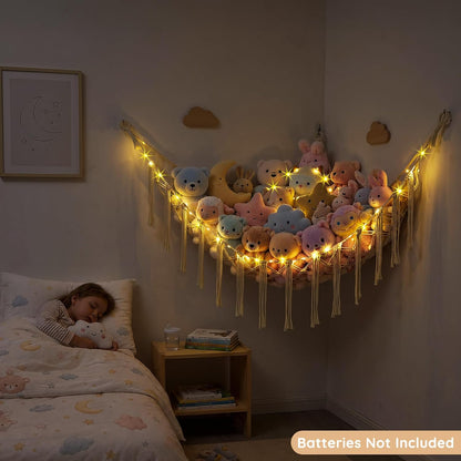 Stuffed Animals Hammock with LED Light Corner Net, Girls Room Decor