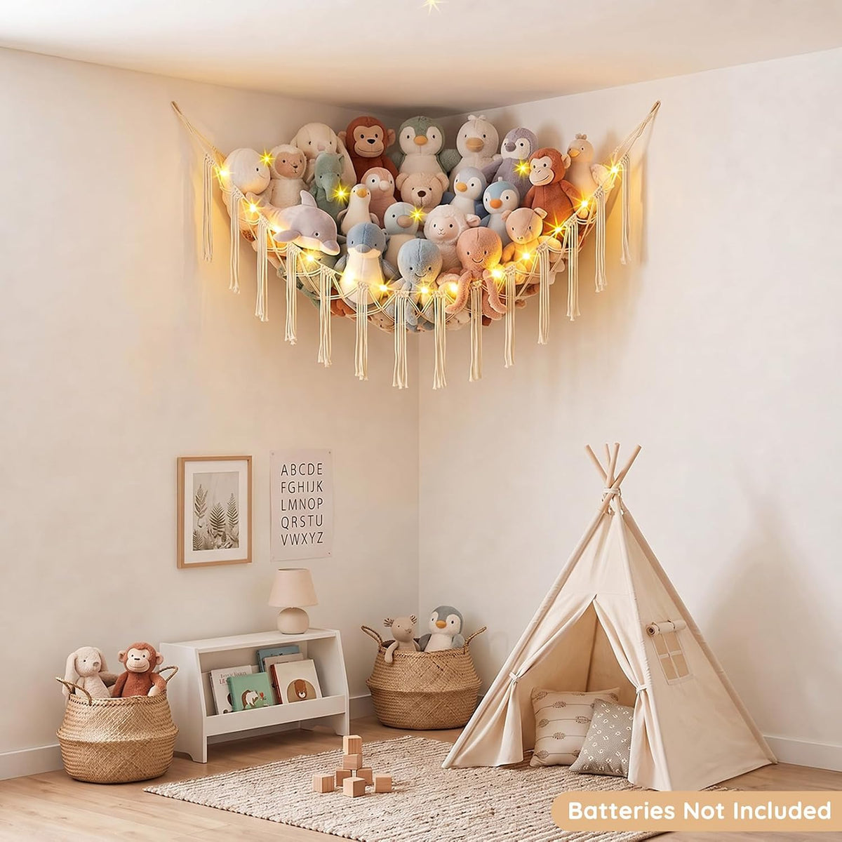 Stuffed Animals Hammock with LED Light Corner Net, Girls Room Decor