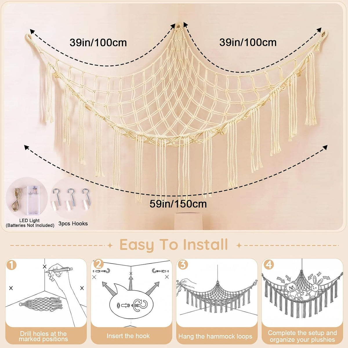 Stuffed Animals Hammock with LED Light Corner Net, Girls Room Decor
