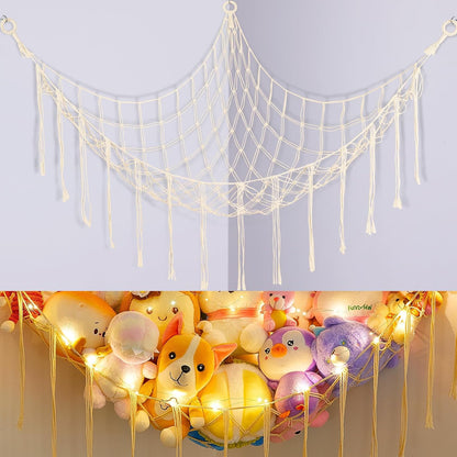 Stuffed Animals Hammock with LED Light Corner Net, Girls Room Decor