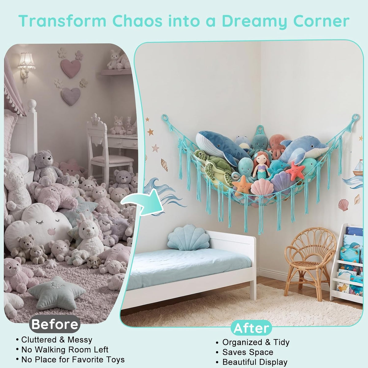 Stuffed Animals Hammock with LED Light Corner Net, Girls Room Decor