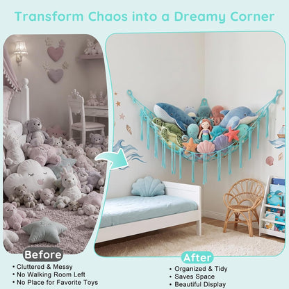 Stuffed Animals Hammock with LED Light Corner Net, Girls Room Decor