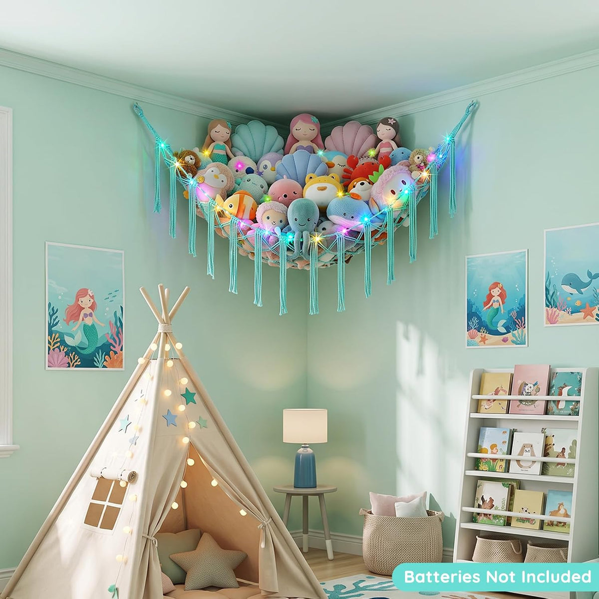 Stuffed Animals Hammock with LED Light Corner Net, Girls Room Decor