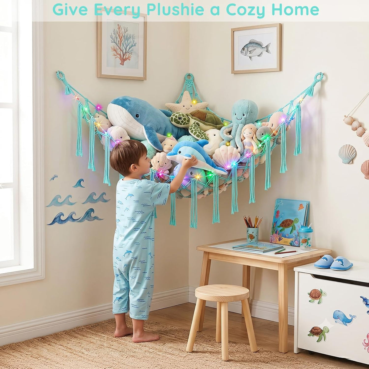 Stuffed Animals Hammock with LED Light Corner Net, Girls Room Decor