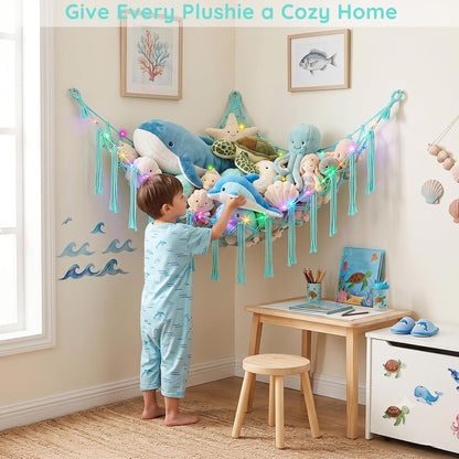 Stuffed Animals Hammock with LED Light Corner Net, Girls Room Decor