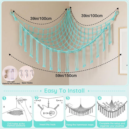 Stuffed Animals Hammock with LED Light Corner Net, Girls Room Decor