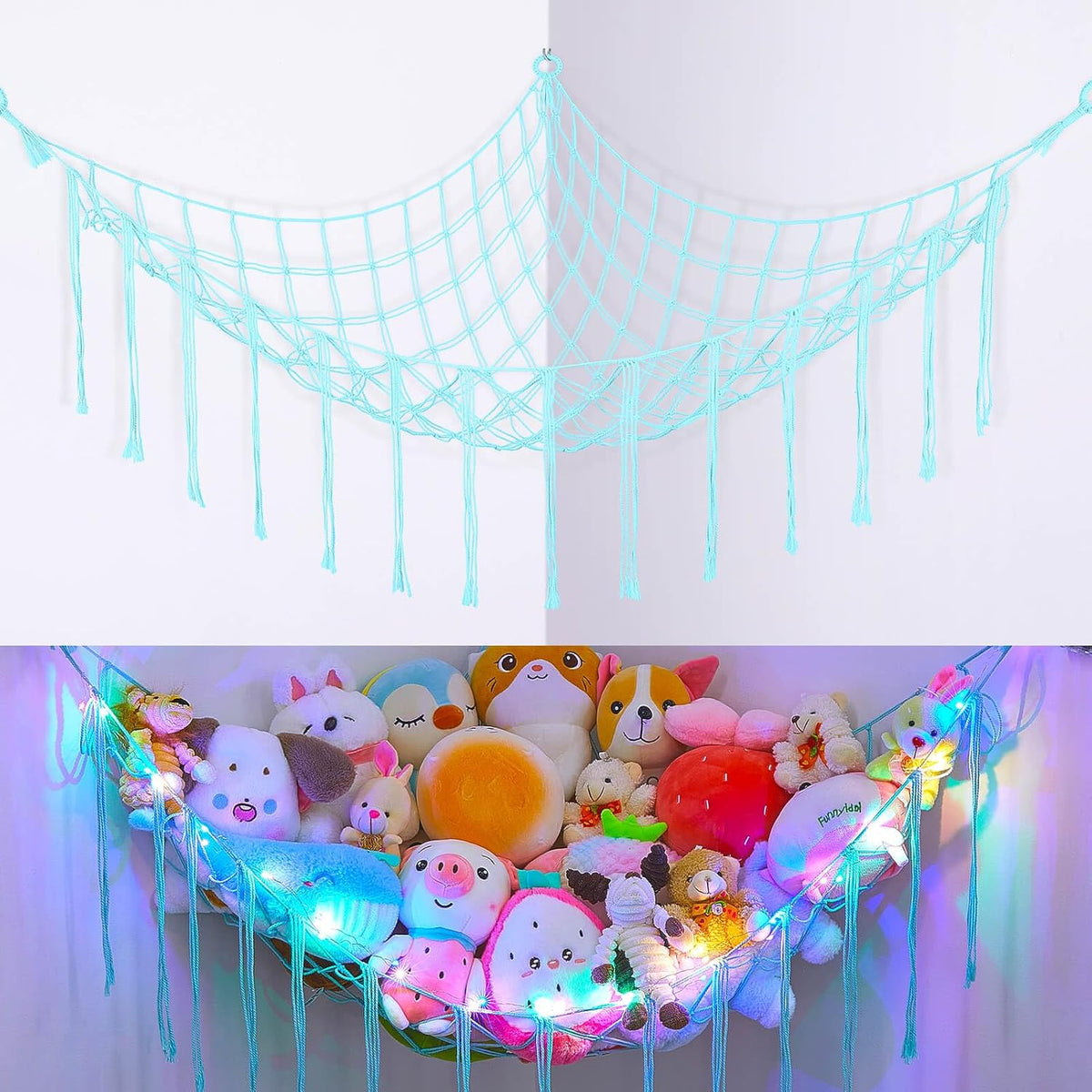 Stuffed Animals Hammock with LED Light Corner Net, Girls Room Decor