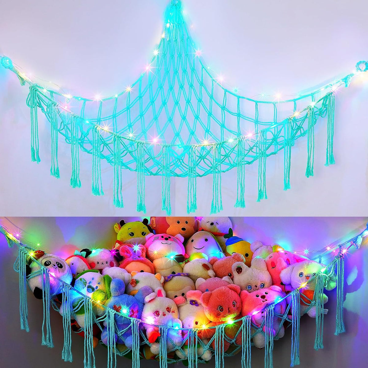 Stuffed Animals Hammock with LED Light Corner Net, Girls Room Decor