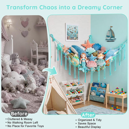 Stuffed Animals Hammock with LED Light Corner Net, Girls Room Decor