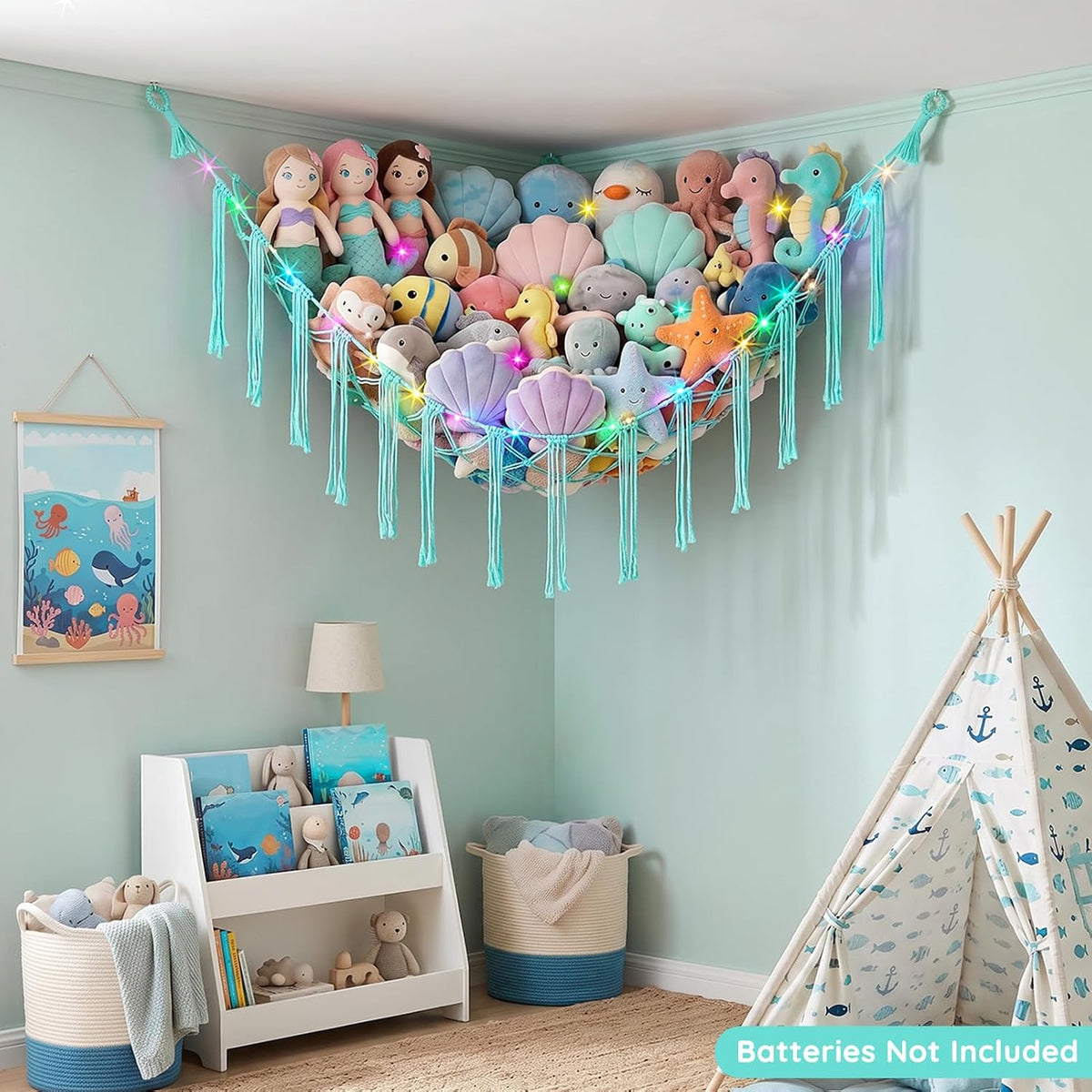 Stuffed Animals Hammock with LED Light Corner Net, Girls Room Decor