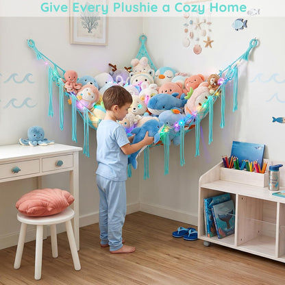 Stuffed Animals Hammock with LED Light Corner Net, Girls Room Decor