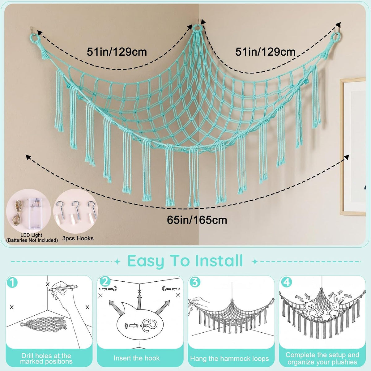 Stuffed Animals Hammock with LED Light Corner Net, Girls Room Decor