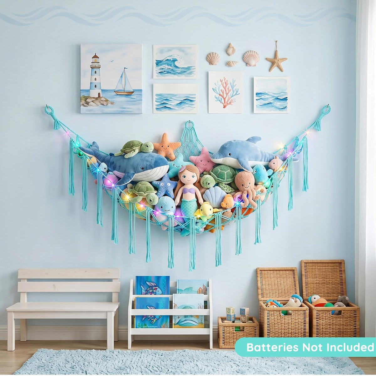 Stuffed Animals Hammock with LED Light Corner Net, Girls Room Decor