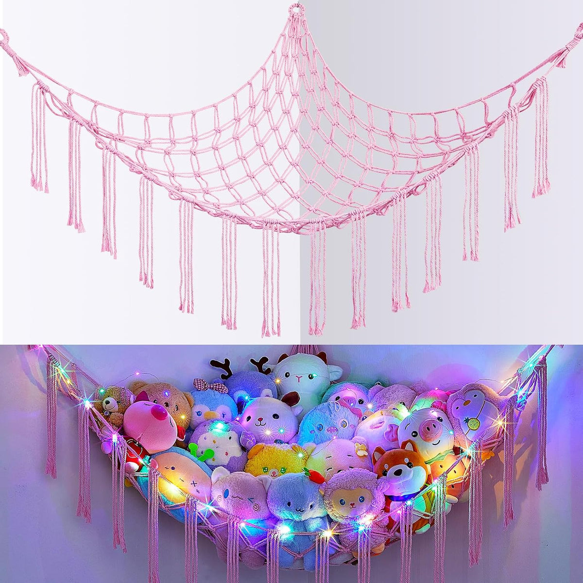 Stuffed Animals Hammock with LED Light Corner Net, Girls Room Decor