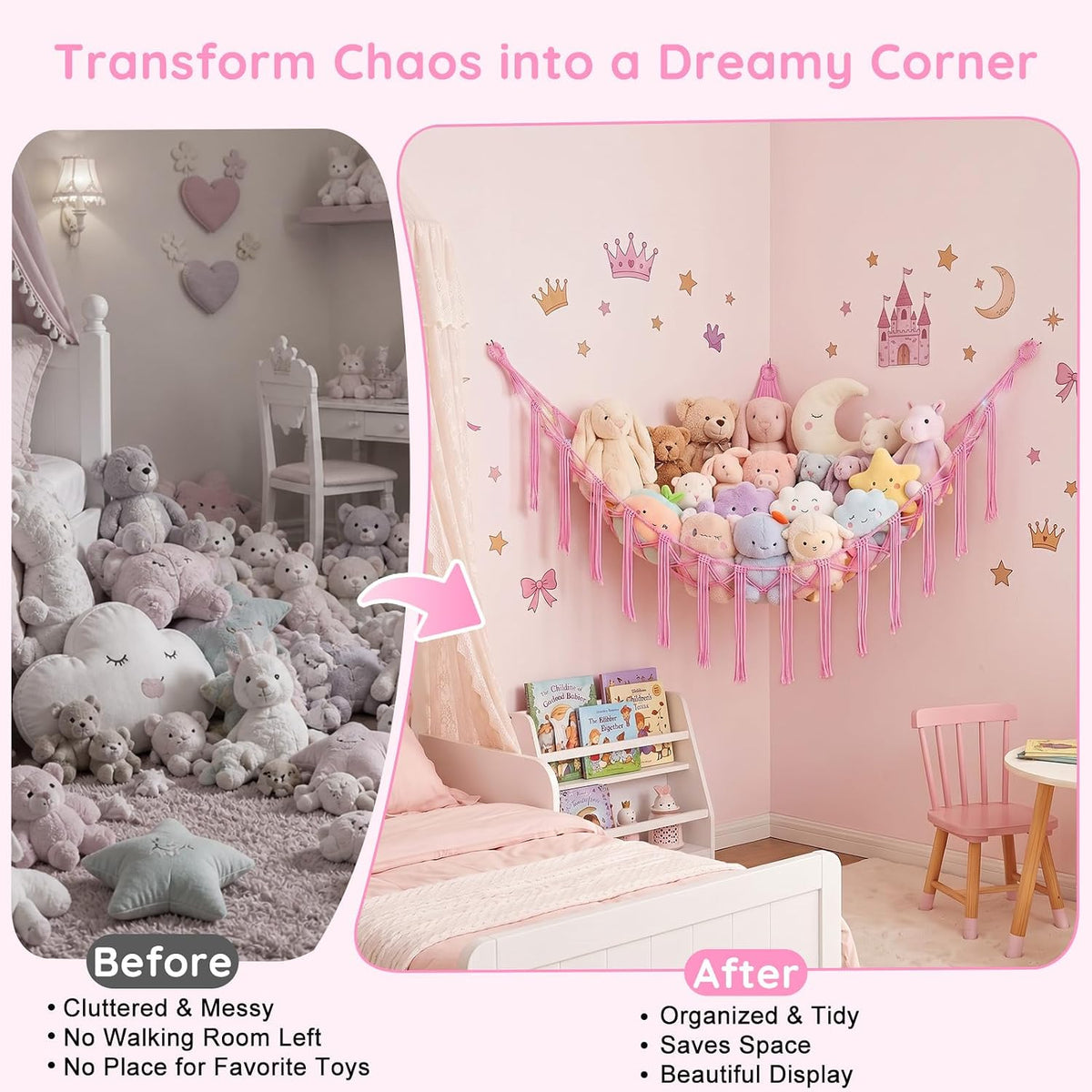 Stuffed Animals Hammock with LED Light Corner Net, Girls Room Decor