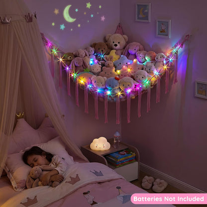 Stuffed Animals Hammock with LED Light Corner Net, Girls Room Decor