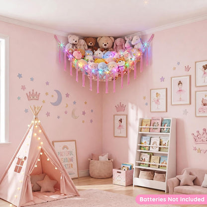 Stuffed Animals Hammock with LED Light Corner Net, Girls Room Decor