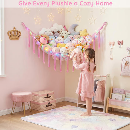 Stuffed Animals Hammock with LED Light Corner Net, Girls Room Decor