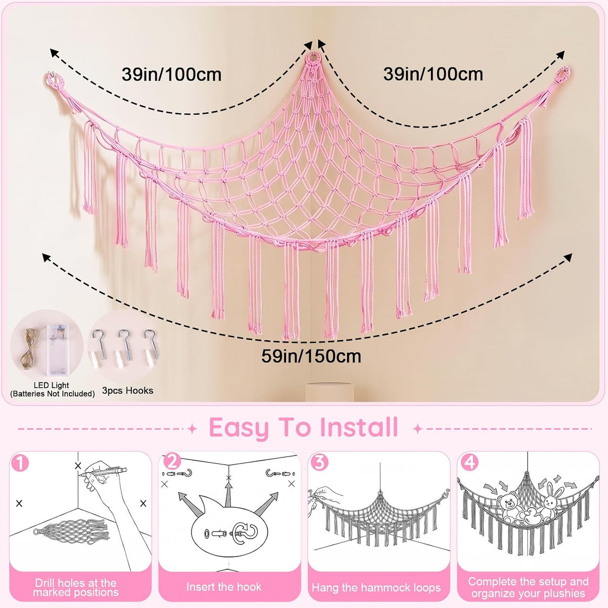 Stuffed Animals Hammock with LED Light Corner Net, Girls Room Decor