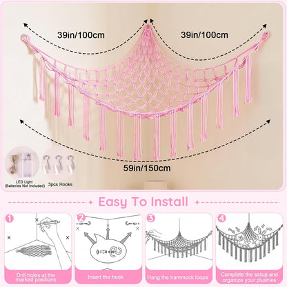 Stuffed Animals Hammock with LED Light Corner Net, Girls Room Decor