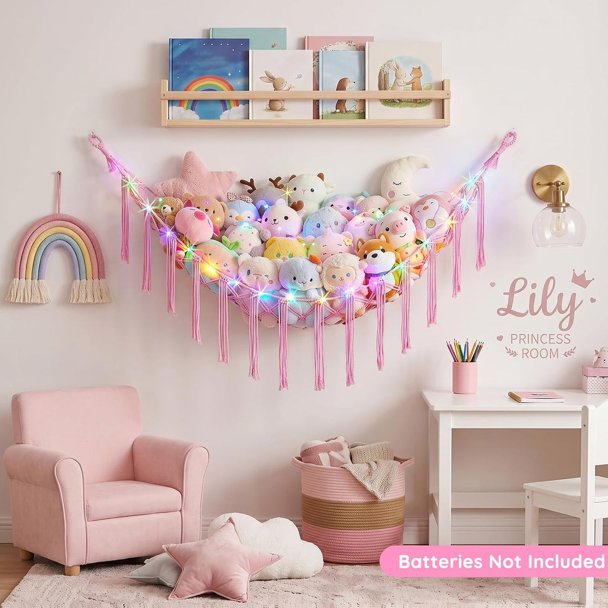 Stuffed Animals Hammock with LED Light Corner Net, Girls Room Decor