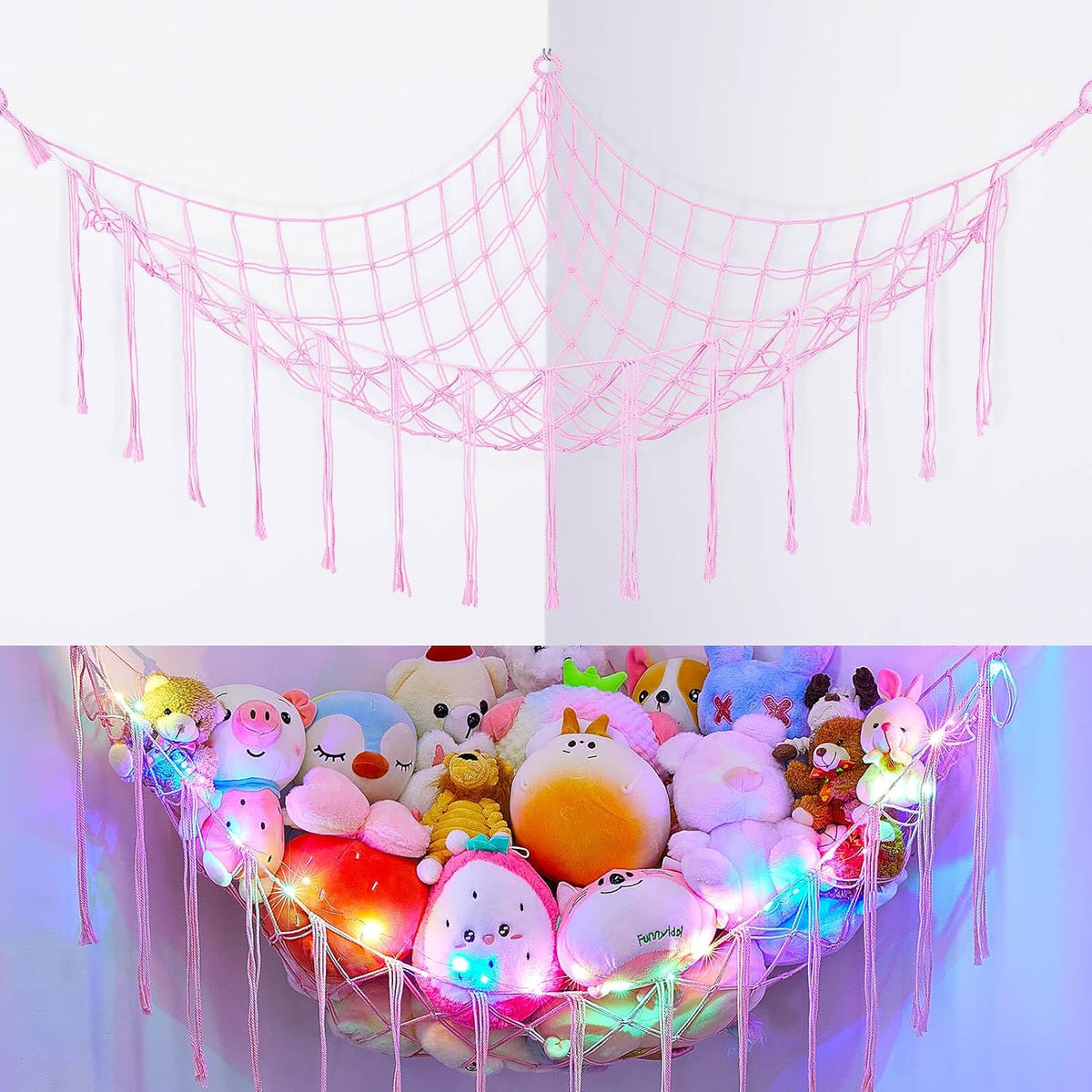 Stuffed Animals Hammock with LED Light Corner Net, Girls Room Decor
