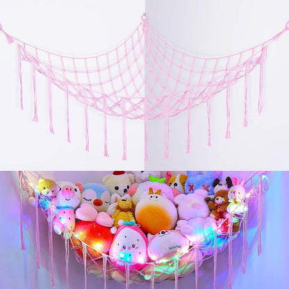 Stuffed Animals Hammock with LED Light Corner Net, Girls Room Decor